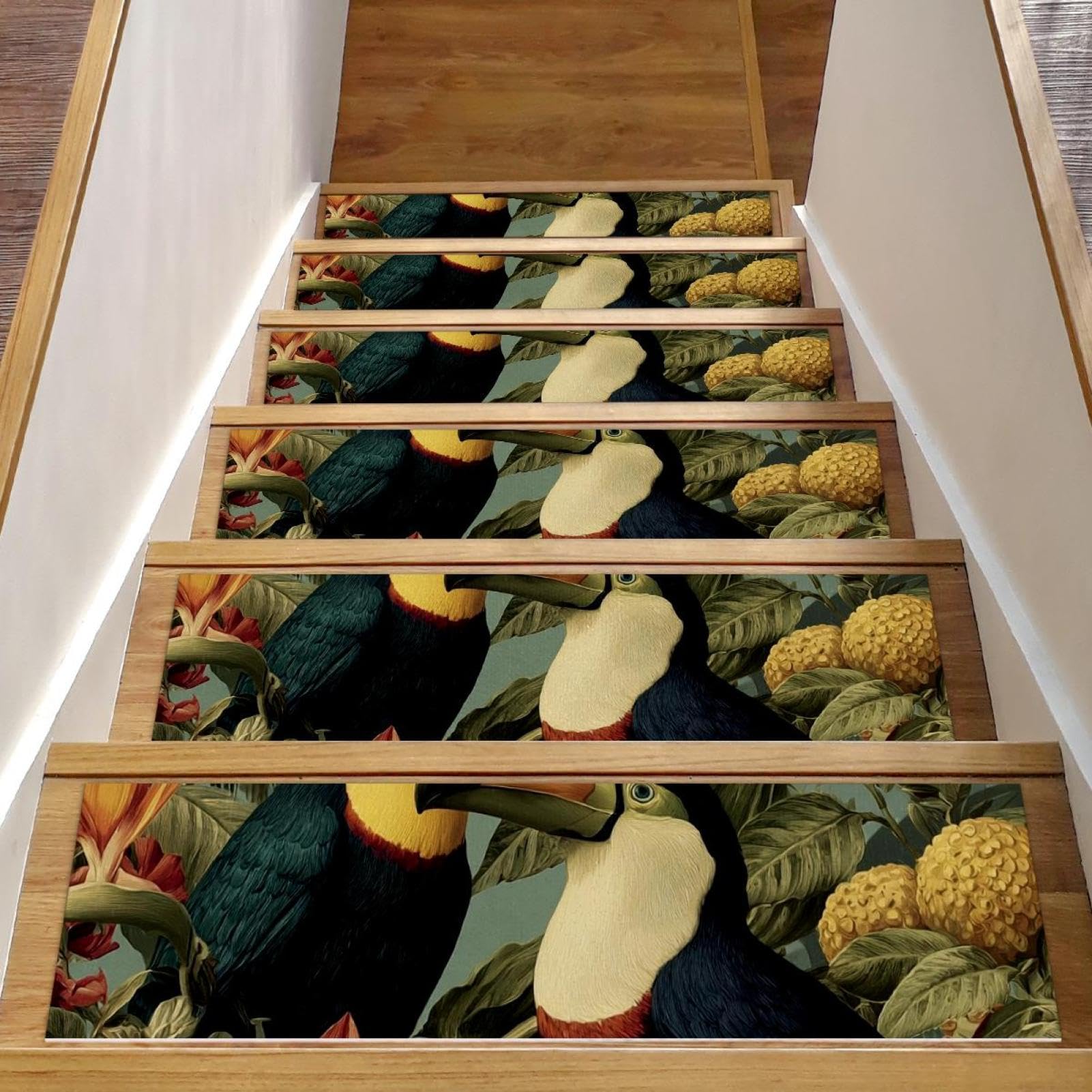 Tapis d'escalier antidérapants : lot de 15 marches d'escalier lavables oiseau tropical