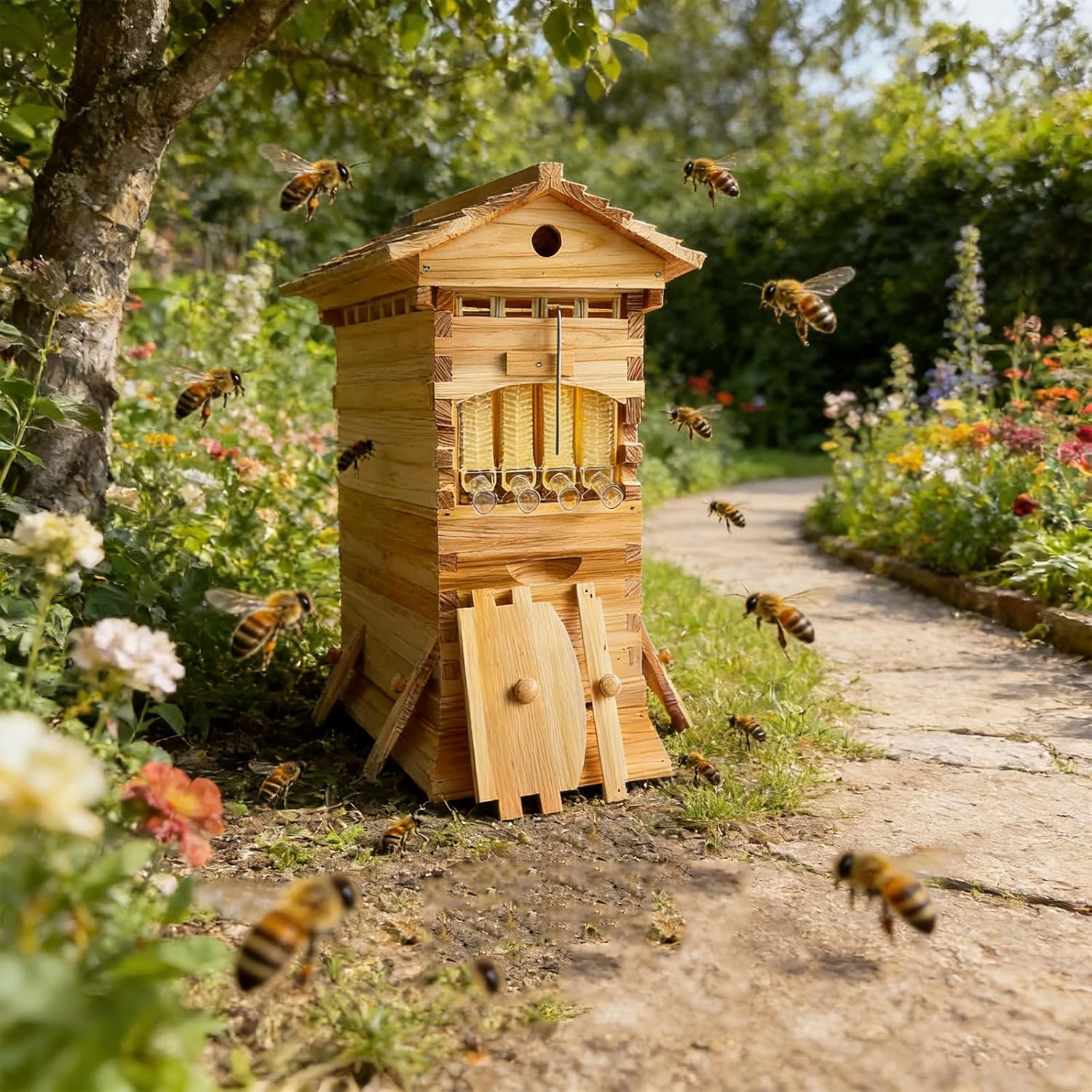 Bee Hive Starter Kit with Self-Flowing Honey Frames, Complete Wooden Bee Box with 4 Flow Frames and 6 Brood Frames, Observation Window and Honey Spout for Beekeeping Small and Garden Habitat