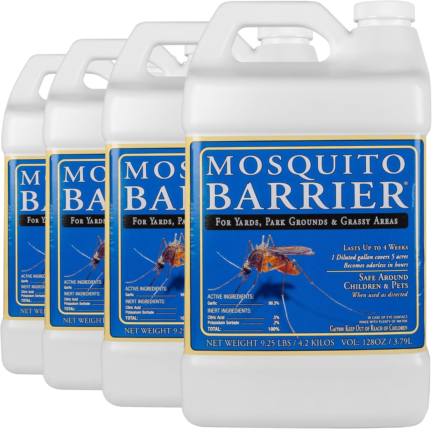 Mosquito Barrier Liquid Garlic Mosquito Repellent Concentrate, 1 Gallon (4 Pack) – Professional Outdoor Treatment for Lawns, Landscapes & Perimeter Areas – Yard & Home Mosquito Protection