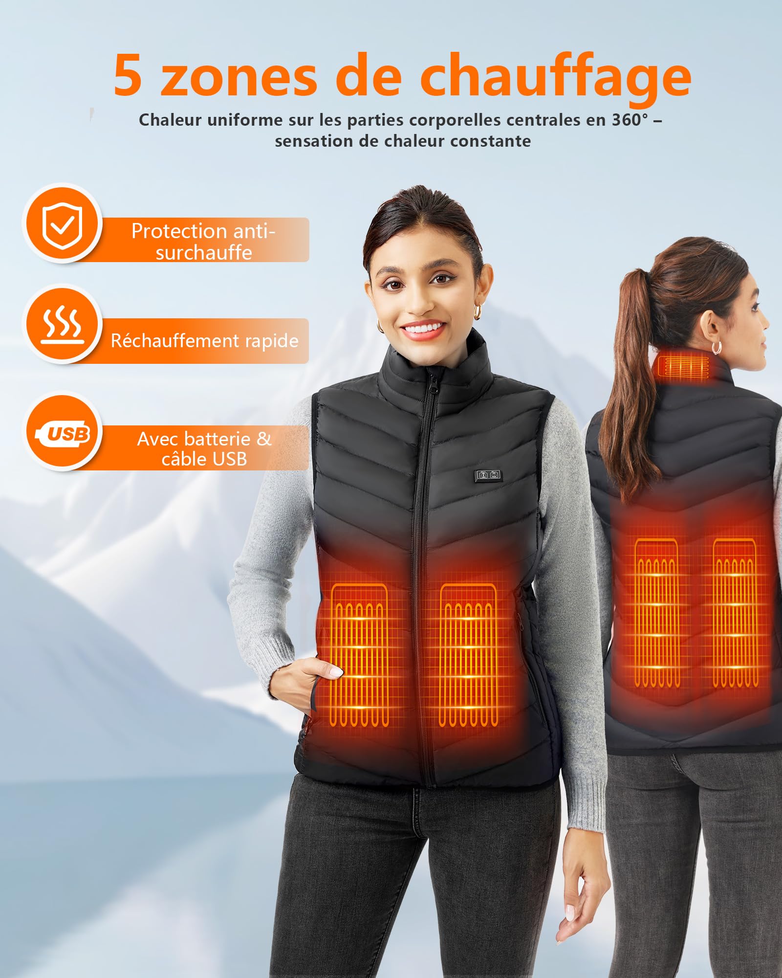 Gilet Chauffant Femme avec 10000mAh Batterie Incluse, Veste Chauffante Femme avec 3 Températures Réglables pour Ski Moto Chasse Randonnée la pêche(Noir, M)