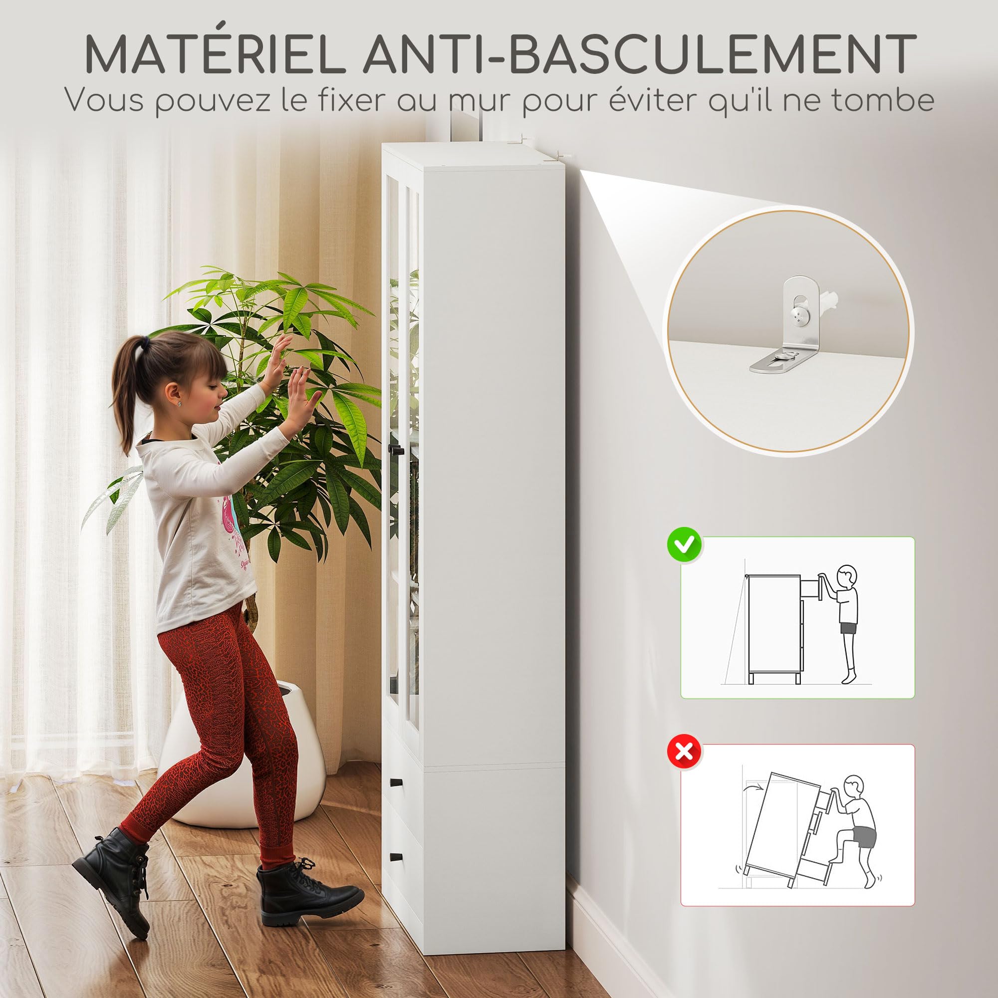 HOMCOM Meuble de Rangement Buffet Salon Placard 59 x 30 x 164 cm Blanc | Portes Vitrées, Étagères Réglables, 2 Tiroirs, Armoire de Rangement, Salon Cuisine Chambre