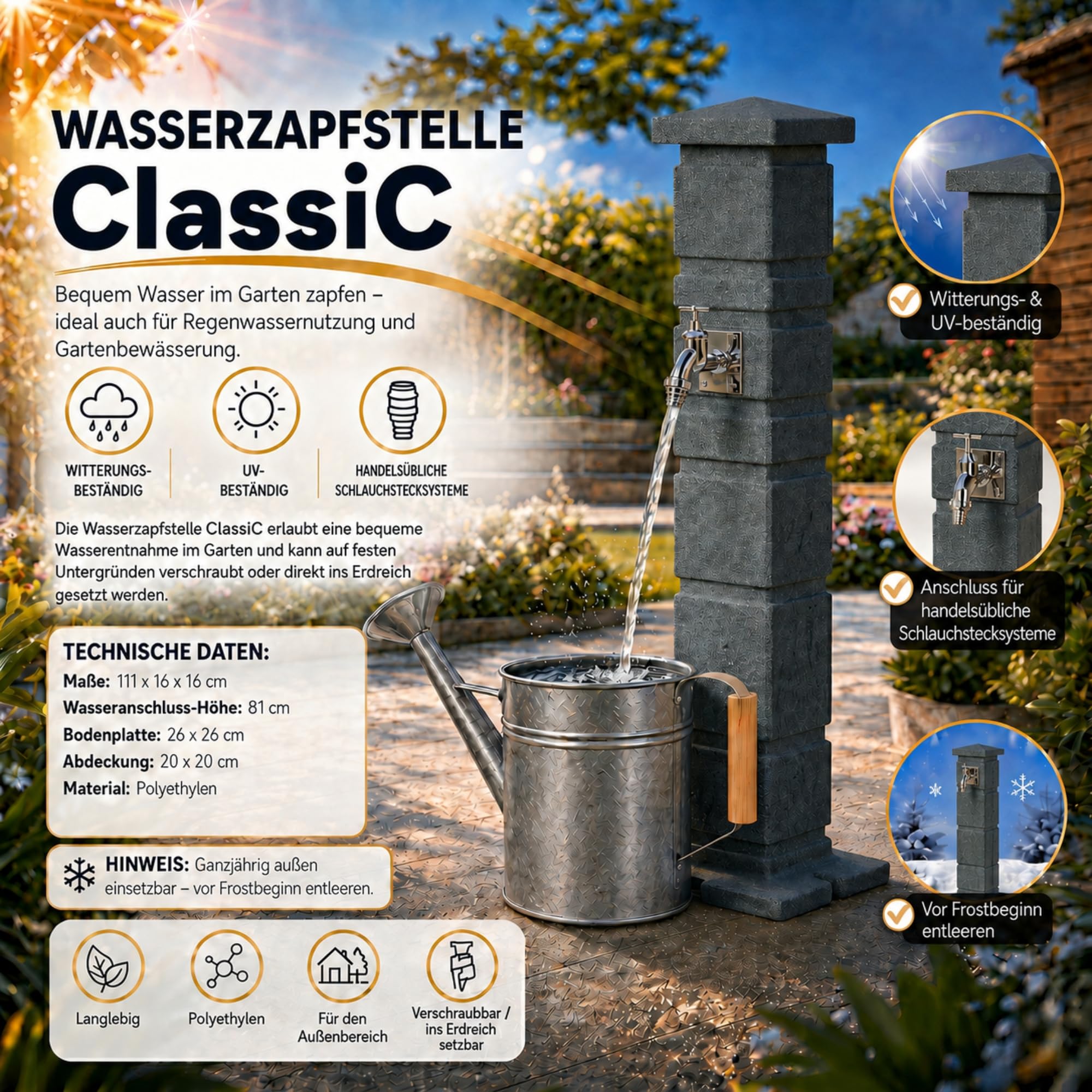 YourCasa Colonne d'eau classique de jardin, 111 cm, aspect colonne romaine