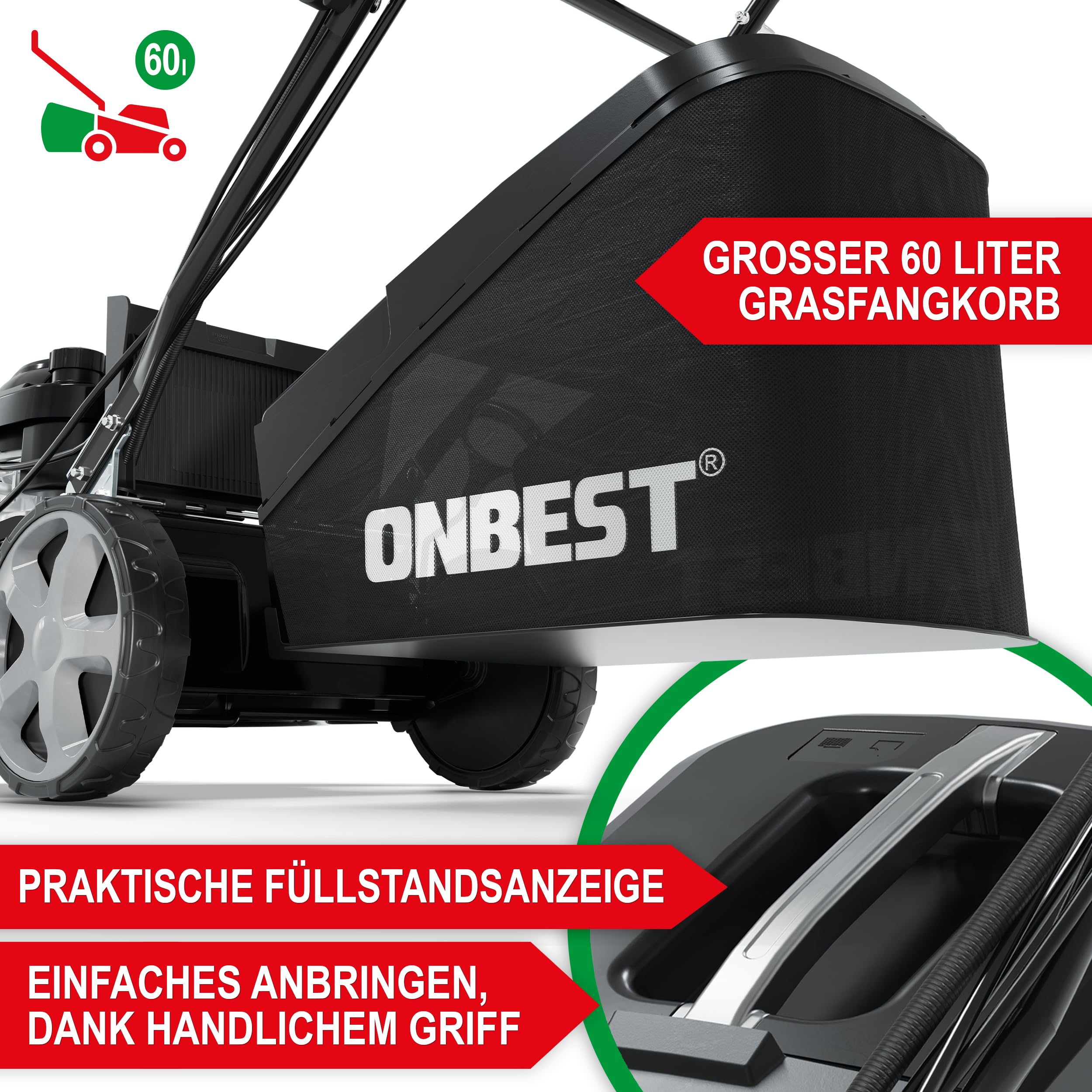 ONBEST Benzin Rasenmäher 5IN1 - Starke 6,5 PS, 4 Klingenschneidsystem & Sograd – 4 Takt Motor – 196 cm³ Hubraum – E-Start – 53 cm Schnittbreite – 60L Fangkorb – Radantrieb – Seitenauswurf