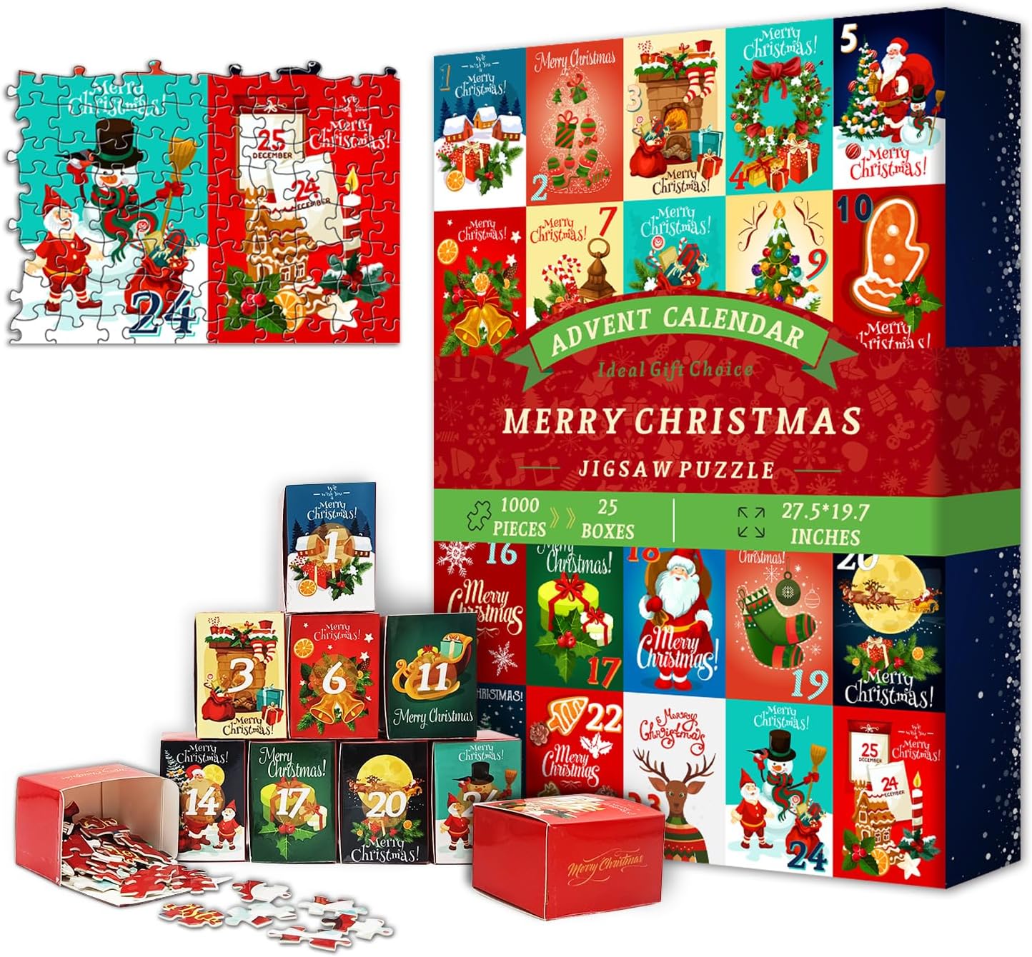 (Pack Of 2 ) PICKFORU Advent Calendar 2024 Christmas Jigsaw Puzzles 1000 Pieces, 25 Boxes of Christmas Countdown Calendar Puzzles for Adults, Funny Holiday Puzzles for Kids as Christmas Decor