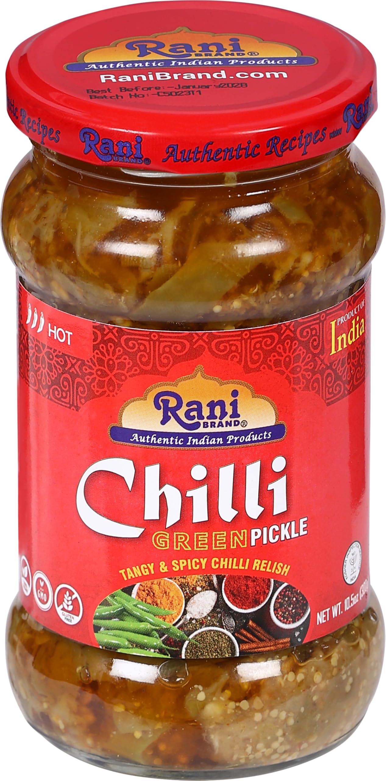 Rani Green Chilli Pickle Hot (Achar, Spicy Indian Relish) 10.5oz (300g) Glass Jar ~ Vegan | Gluten Free | NON-GMO | Kosher | No Colors | Popular Indian Condiment, Indian Origin