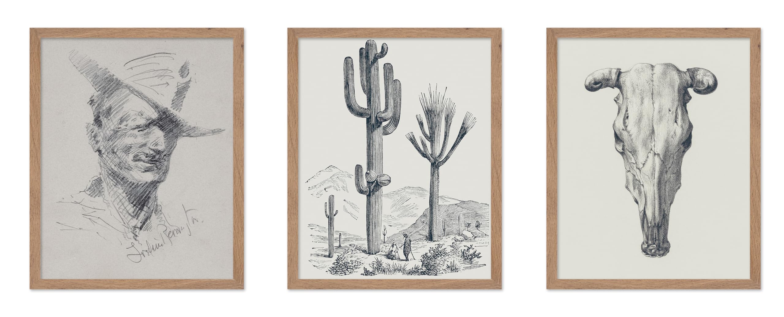 Poster Master Poster vintage con illustrazione in 3 pezzi, stampa retrò minimalista, regalo per artisti, amici, teschio di toro, cowboy, cactus, ritratto, schizzo, decorazione da parete per la casa,