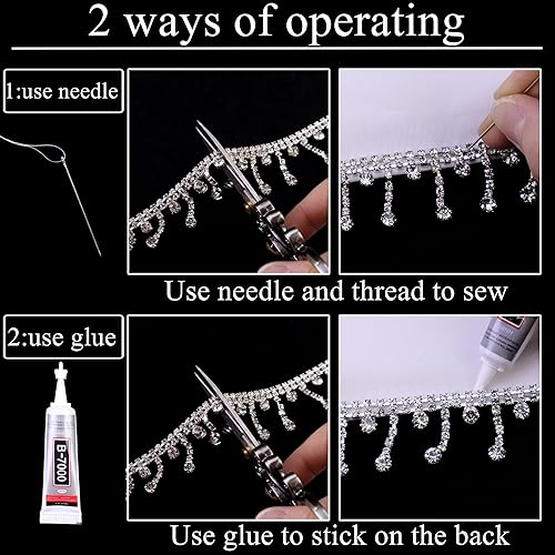 Miniatura 3 de 1 yarda de diamantes de imitación con flecos de diamantes de imitación brillantes cadena de flecos de lentejuelas plateadas cinturón con borlas para