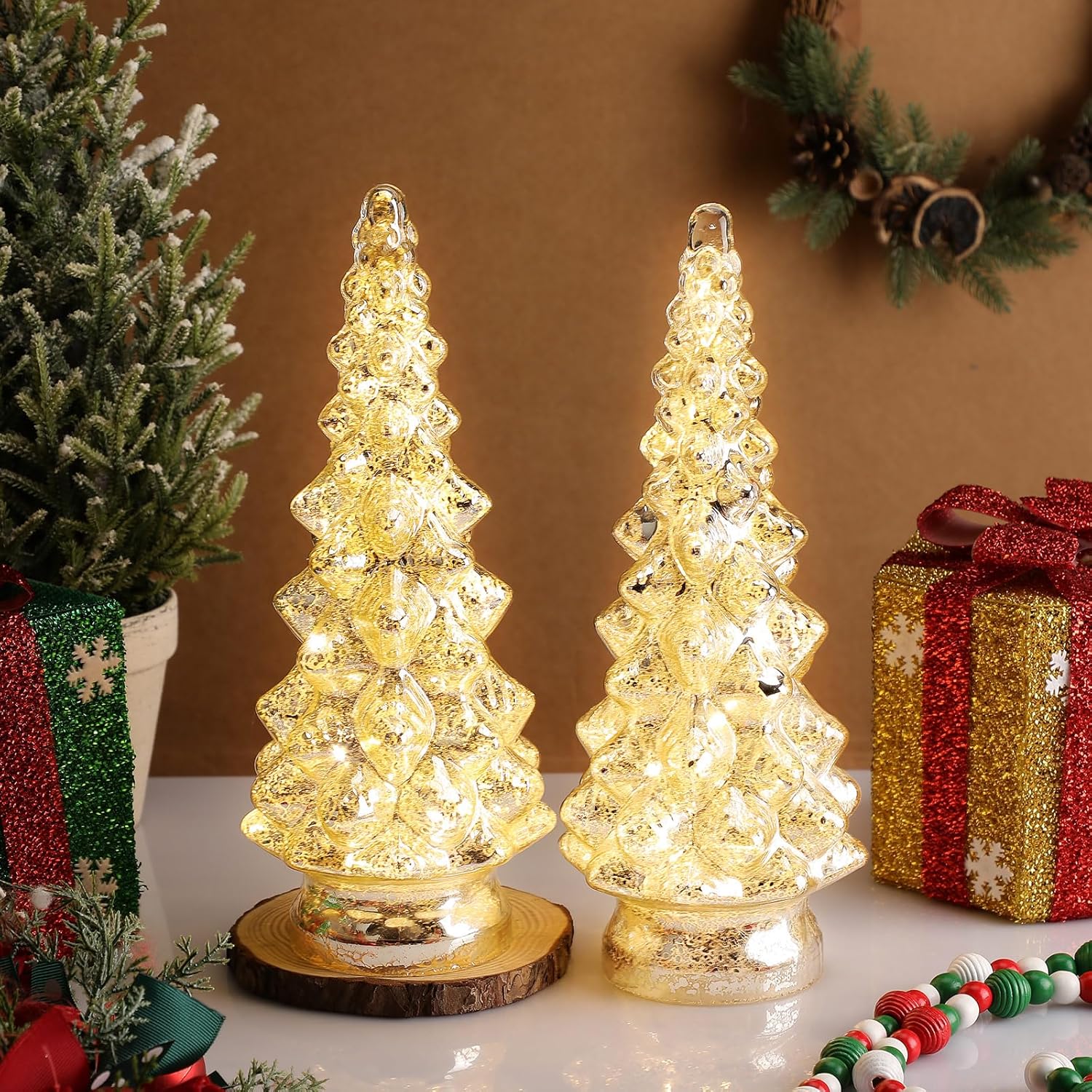 2 Pcs 12.6 Inch Lighted Glass Christmas Tree Figurine Battery Operated Silver Glass Christmas Tree Tabletop Xmas Decoration for Fireplace Mantel