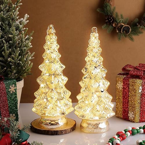 Miniatura 4 de 2 figuras de vidrio iluminado para árbol de Navidad de 12.6 pulgadas, funciona con pilas, árbol de Navidad de vidrio plateado, árbol de Navidad