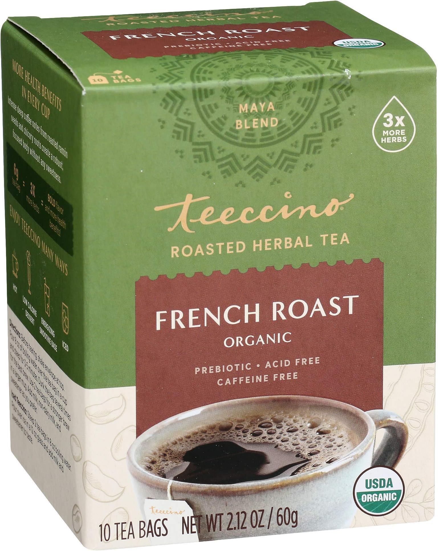 Teeccino French Roast Organic Chicory Roasted Herbal Tea, Caffeine Free, Acid Free, Prebiotic Coffee Substitute, 10 Tea Bags