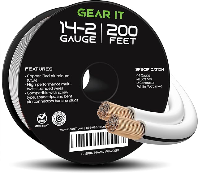 14AWG Speaker Wire, GearIT Pro Series 14 AWG Gauge Speaker Wire Cable (200 Feet / 60.9 Meters) Great Use for Home Theater Speakers and Car Speakers White
