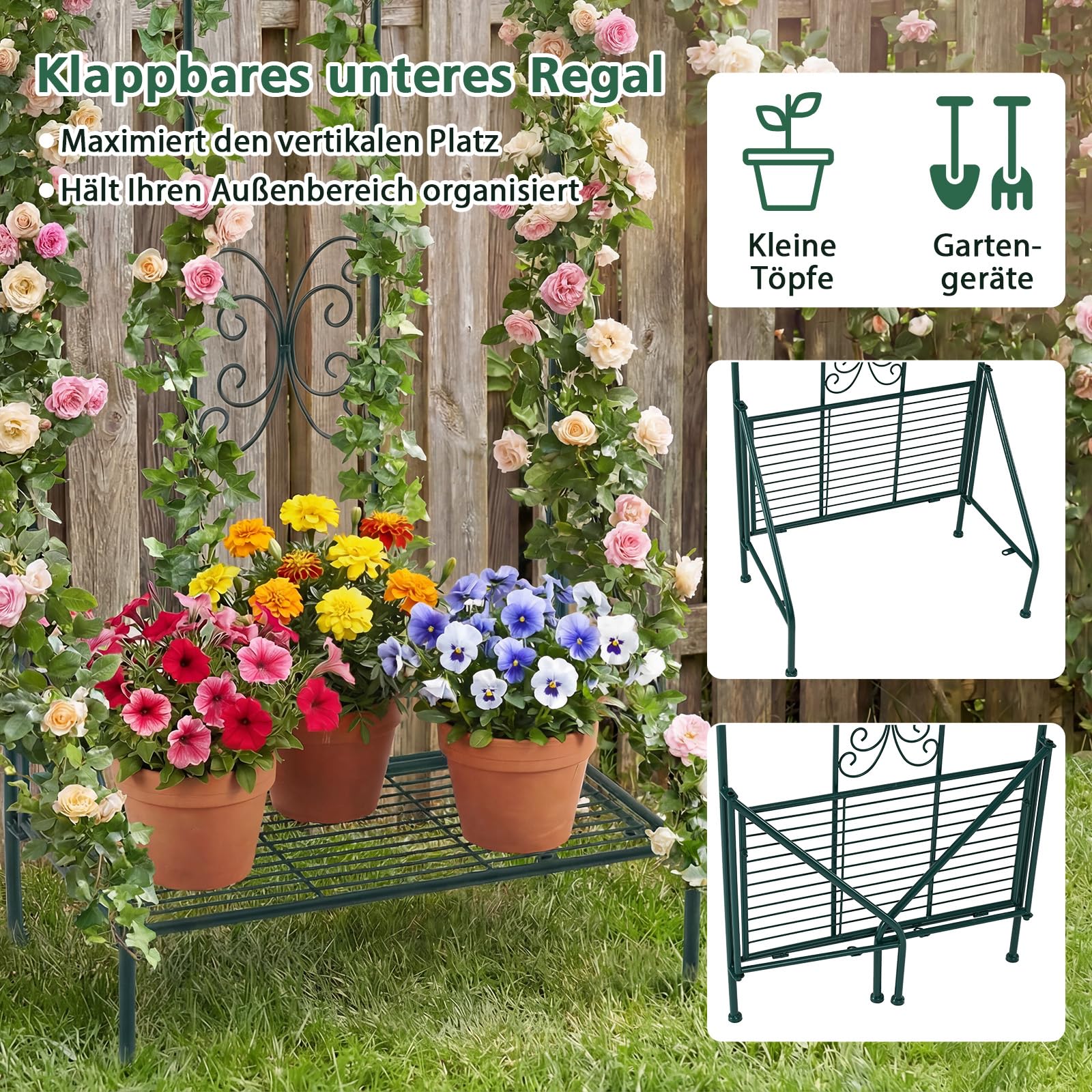 COSTWAY Rankgitter Metall, 3 in 1 dekorativer Gartenzaun & Blumenregal & Pflanzstütze, freistehende Rankhilfe mit Sockel, Spalier Garten, Rankspalier für Kletterpflanzen Blume Gemüse (Grün,1 Pack)