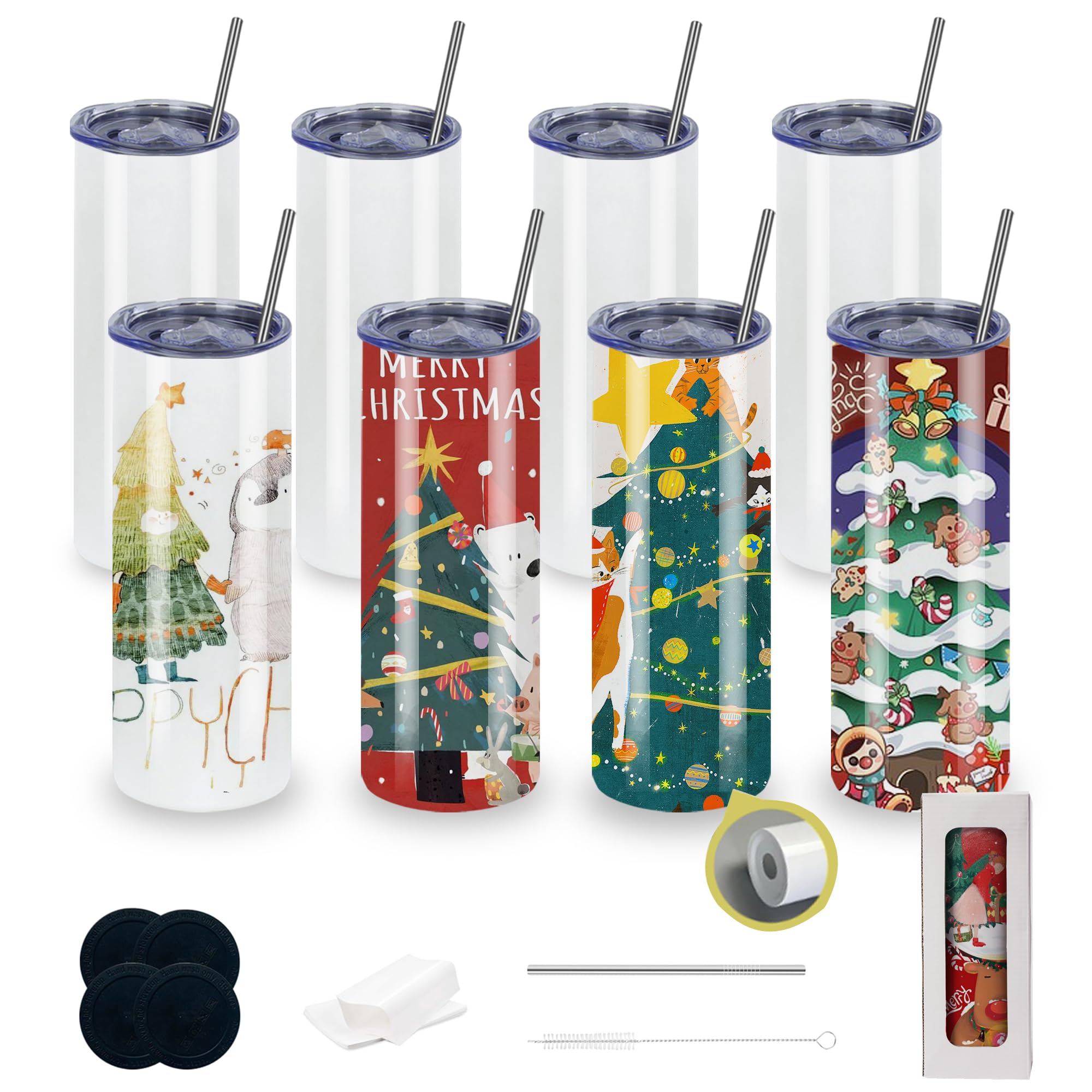 8pack 20oz flat edge sublimation tumblers ，White skinny insulated Sublimation tumbler Straight Cups with Individual Gift Box, Silicone Bottom Polymer Coating for Heat Transfer （8pack 20oz）