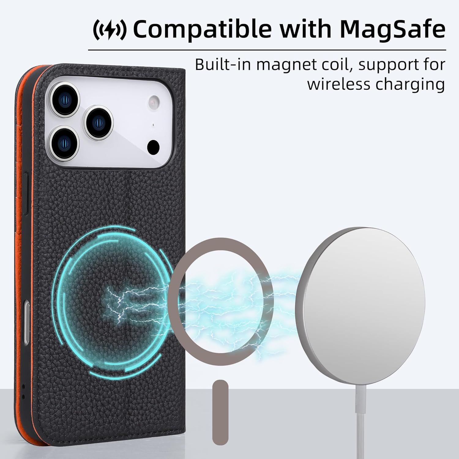 VISOUL Pebbled Leather Wallet Case for iPhone 17 Pro Max 6.9" 2025, Genuine Leather Flip Folio Cover with RFID Blocking Card Holders, Kickstand, Soft TPU Protective Flip Cover -Black+Orange - Image 3