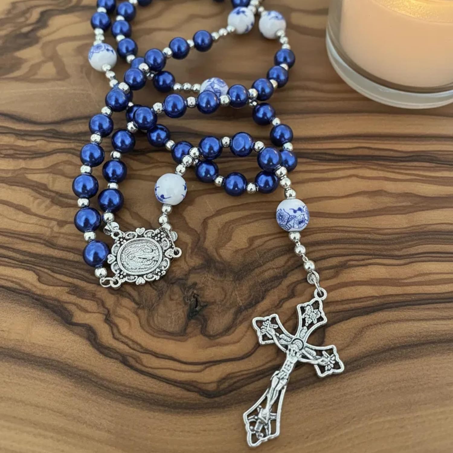 Nazareth Store Pearl Beads Rosary with Ceramic Mystery Beads Prayer Miraculous Medal & Silver Jesus Crucifix - Image 5