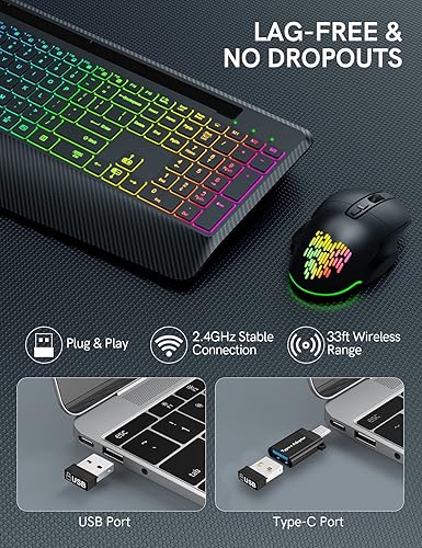 Miniatura 7 de Trueque Teclado y mouse inalámbricos con retroiluminación de 9 colores, reposamuñecas, mouse Jiggler, combo de teclado ergonómico silencioso