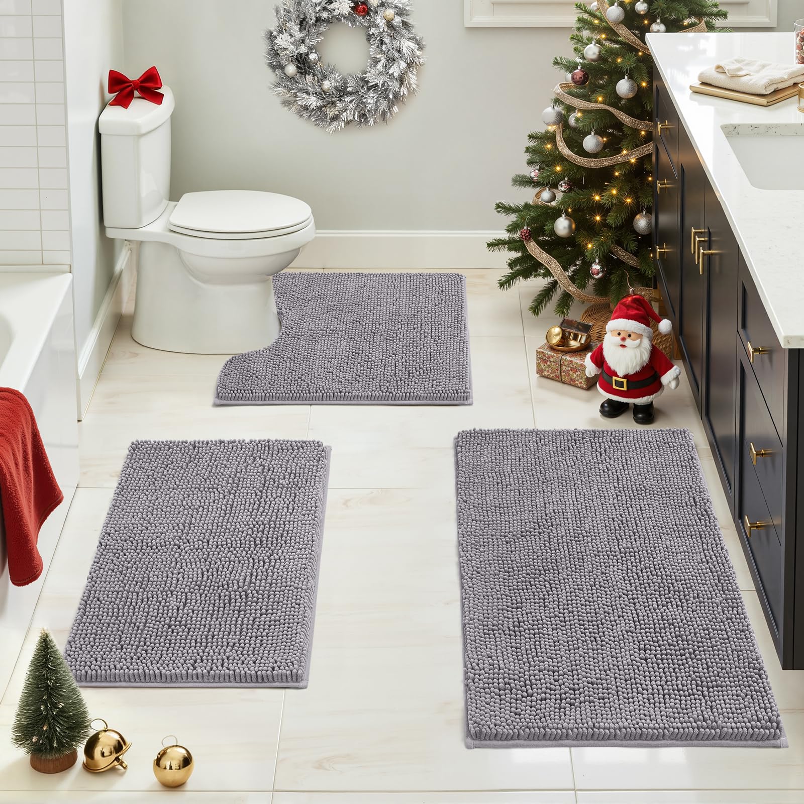 HOMEIDEAS 3 Pieces Bathroom Rugs, Ultra Soft Non Slip Absorbent Chenille Toilet Bath Mat Set (Grey)