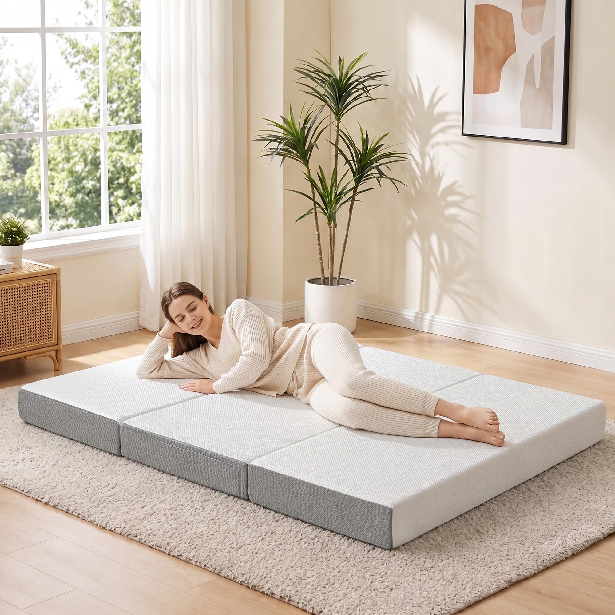 HOMCOM Matelas Pliant en 3 Parties Mousse Mémoire Gel 140x190x15cm Blanc | Matelas d'Appoint, Housse Lavable, Poche Latérale, pour Invités, Camping, Voyage, Certifié Oeko-Tex