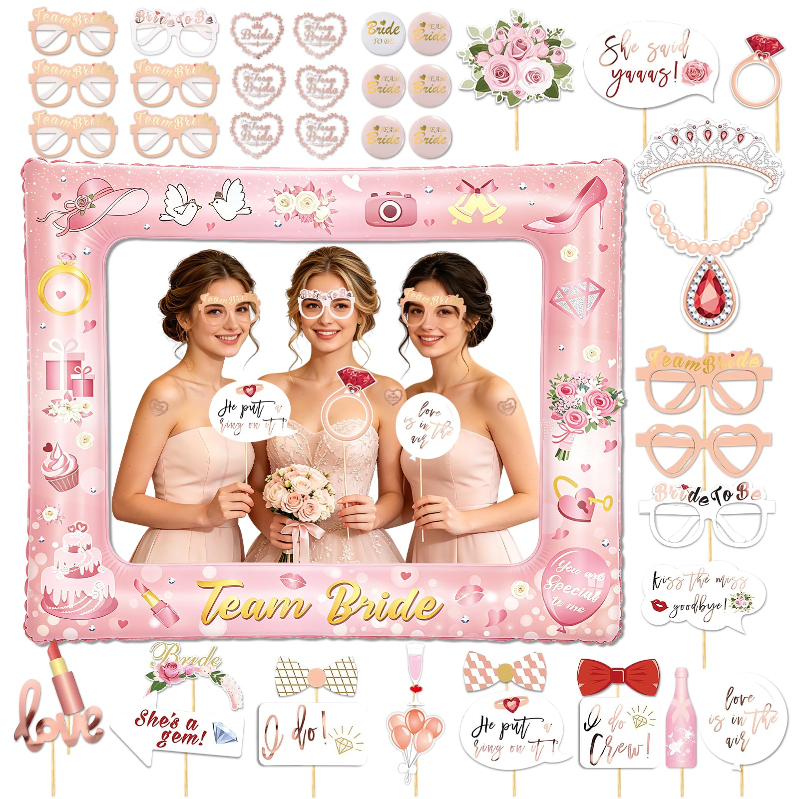 42Pcs Hen Do Accessories Photo Booth Props Set Rose Gold Team Bride to be Decorations with Inflatable Selfie Frame Glasses Pins Tattoos Funny Hen Party Decoration for Bachelorette Party Bridal Shower