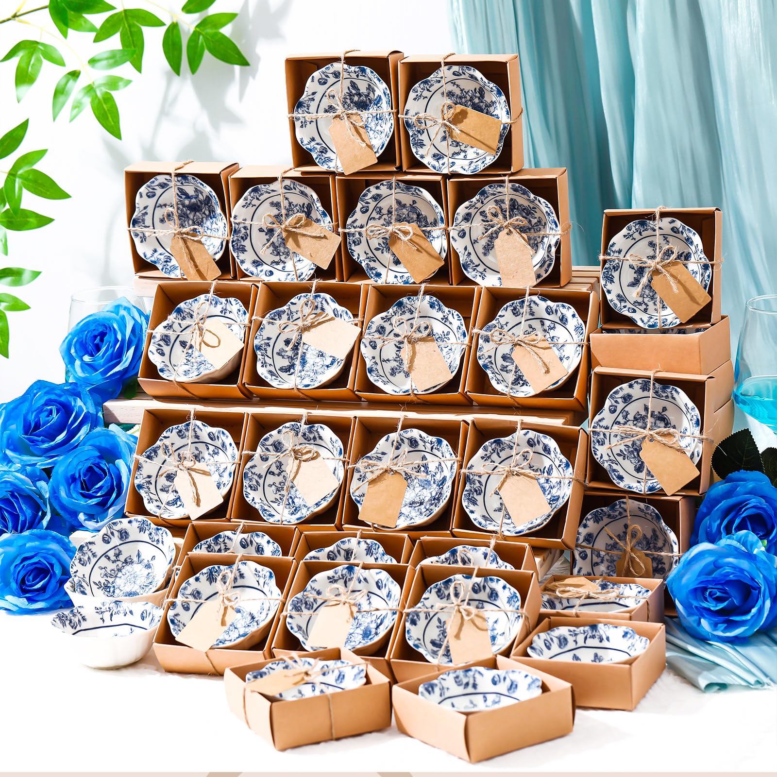Photo 1 of SiliFine 48 Pcs Wedding Favors for Guests Small Ceramic Bowl Bulk Gifts Set 3.3 Inch Floral Design Mini Dipping Sauce Dish with Card Box for Bridal Pooja Baby Shower Birthday (Flower,Blue)