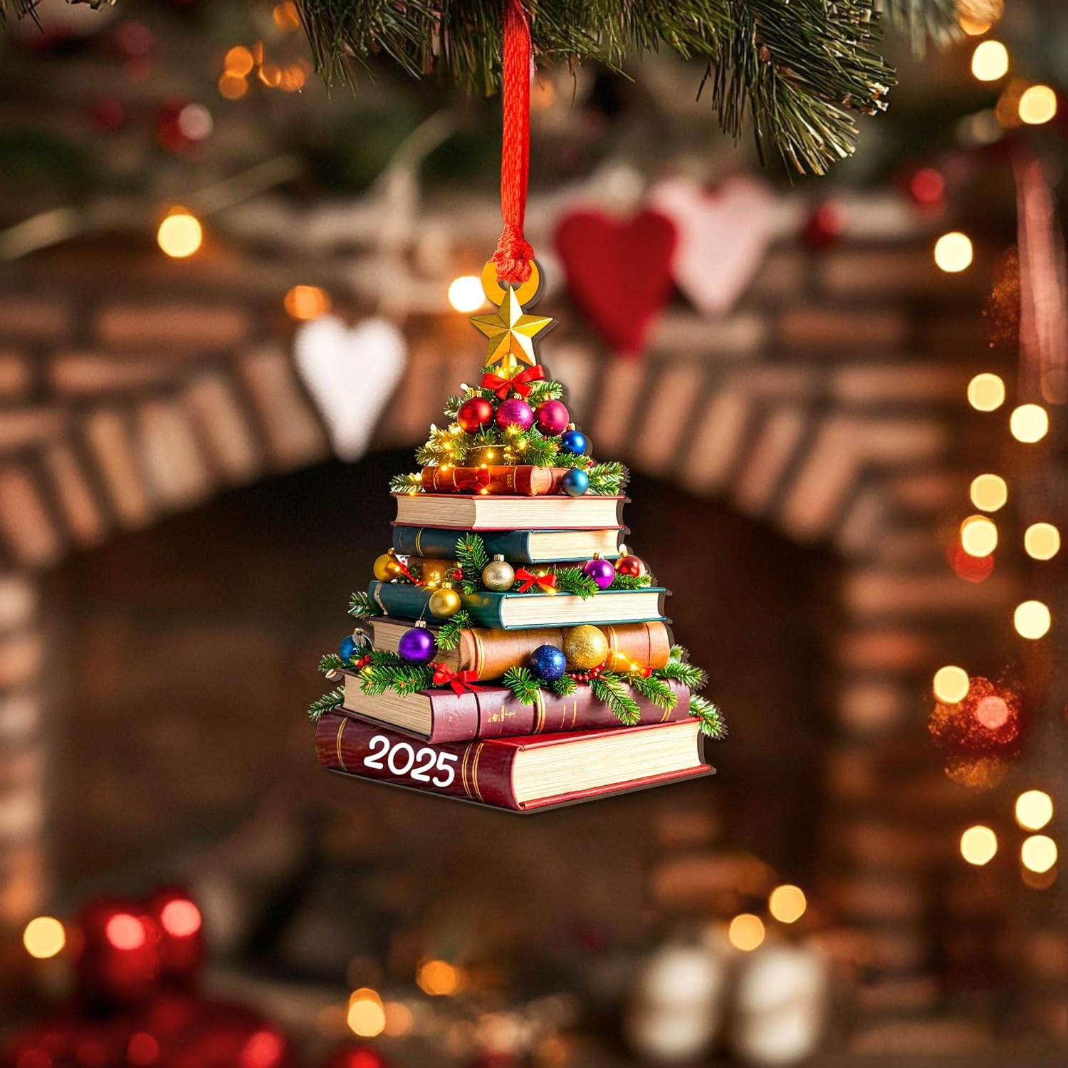 Pack 2 Book Tree Christmas Ornament (1 Wood+1 Acrylic), 2025 Bookworm Christmas 2D Flat Ornaments, Gift for Book Lovers, Readers, Librarian, Friends - Bookish Club Gifts for Women, Xmas Tree Decor - Image 6