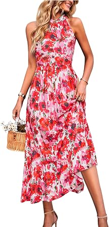 STYLEWORD Womens 2026 Summer Dress Maxi Vacation Floral Halter Neck Sleeveless Flowy Sundress with Pockets