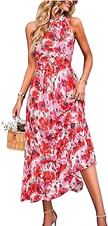 Women’s 2025 Summer Dress Maxi Vacation Floral Halter Neck Sleeveless Flowy Sundress with Pockets - Buy now