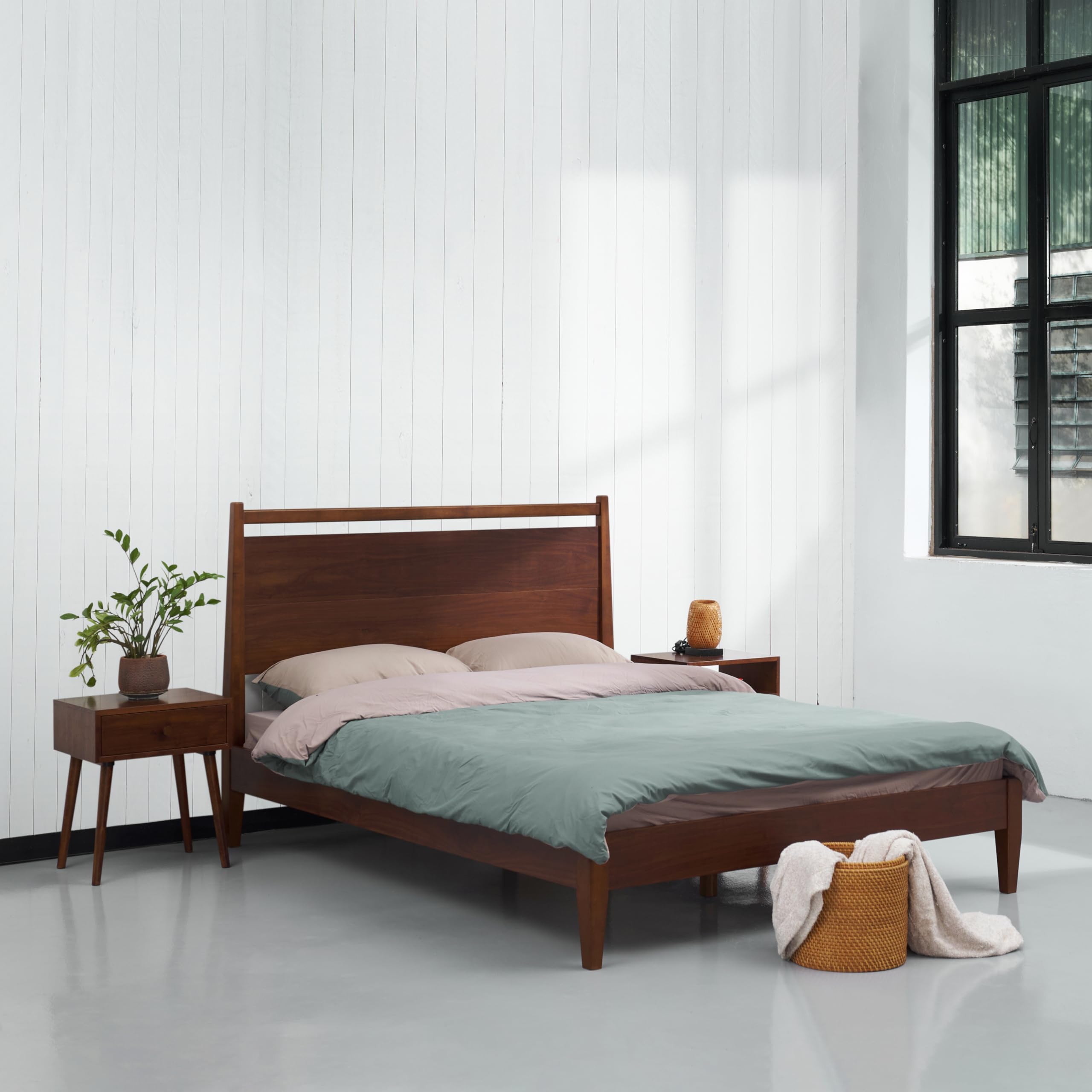 NTC Adept Wooden Bed Frame with Headboard, Crafted from Walnut, Rubber Wood with Silent Slats and Wood Central Supports, 1000 Lb Capacity, Effortless