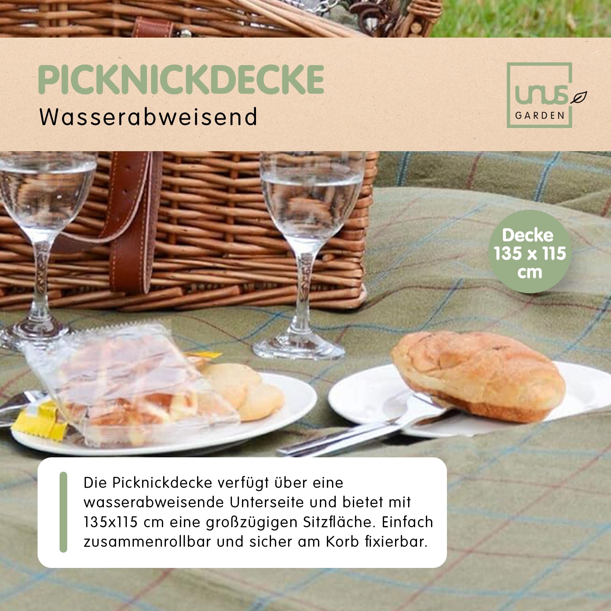 UNUS Picknick Set 2 Personen mit Picknickkorb mit integrierter Kühltasche, Picknickdecke 135x115 cm, Besteck und Geschirr, Korb in Natur, Decke in Grün