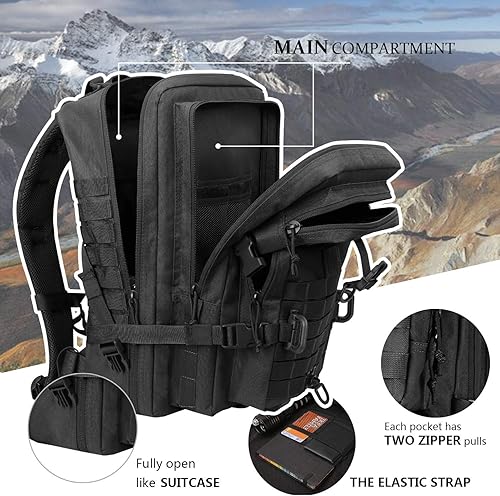 Vista 17 de Mochila táctica militar para campamento de 3 días, equipo de asalto para transportar carga, ligero y modular, Negro