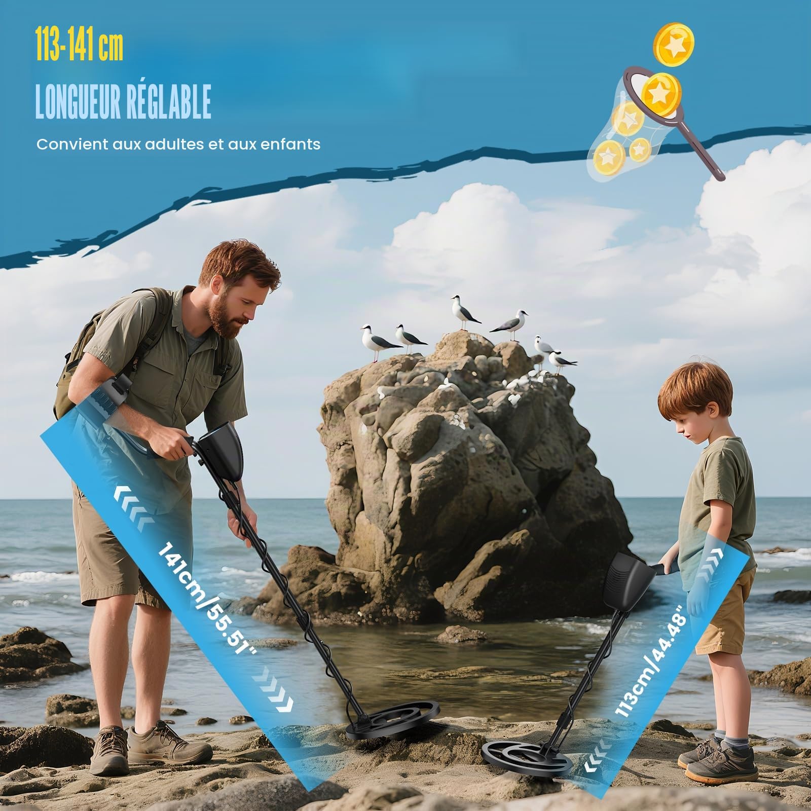 Détecteur de métaux professionnel avec 2 batteries rechargeables,3 modes Détecteurs de métaux pour adultes et enfants,longueur réglable (113-141 cm),détecteur de métaux rechargeable avec bobine (Bleu)