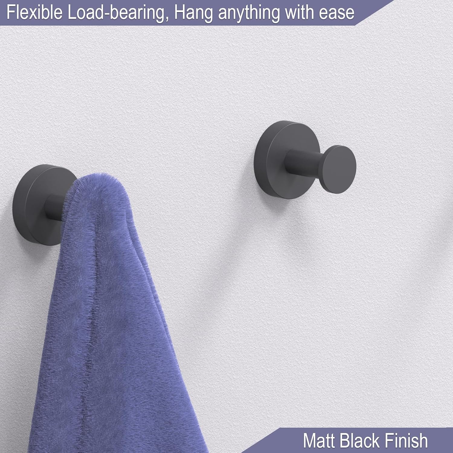 Epock Towel Hooks for Bathrooms Screw-in Stainless Steel Robe Coat Clothes Hook Bathroom & Kitchen Round Style Wall Hooks Rustproof 3 Packs -Matt Black