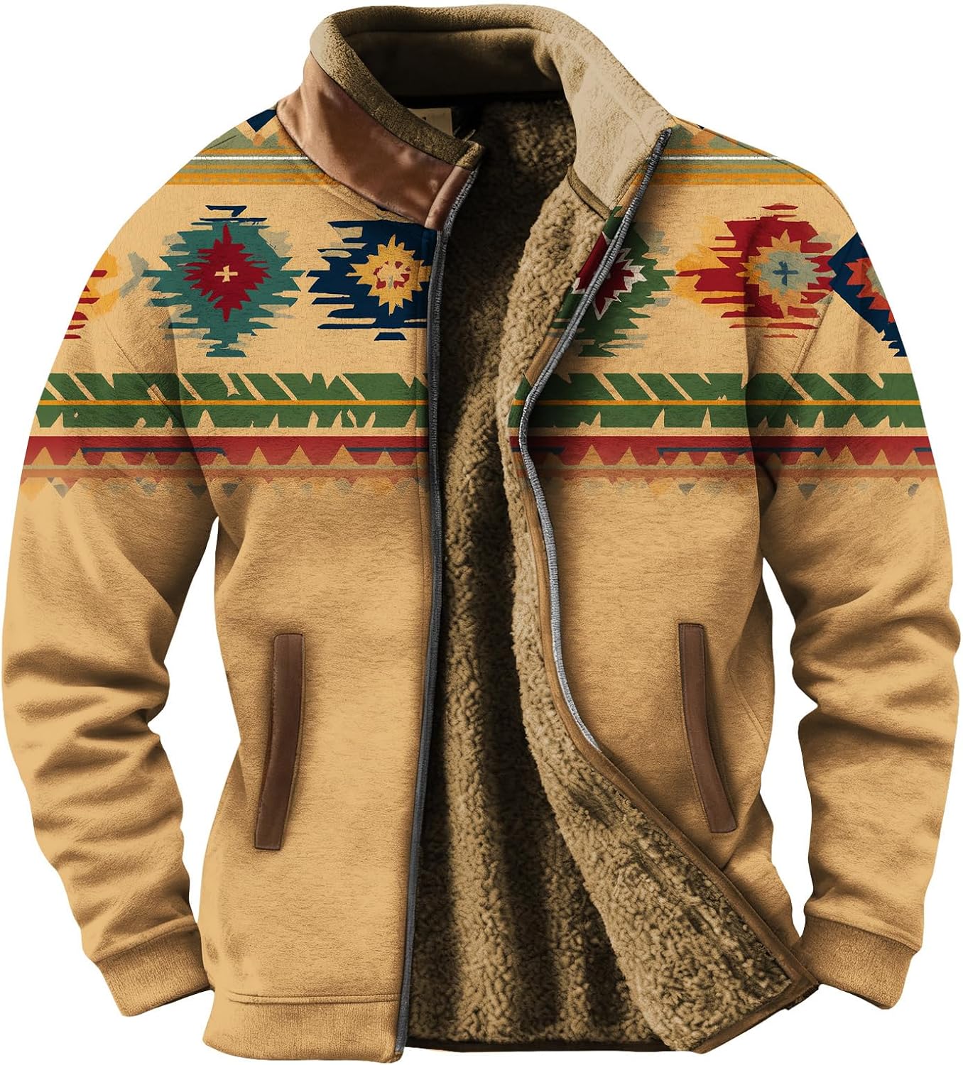 Men's Western Fleece Jacket Aztec Cowboy Vintage Print Coat Full Zipper Fall Winter Jacket Casual Warm Soft Pockets