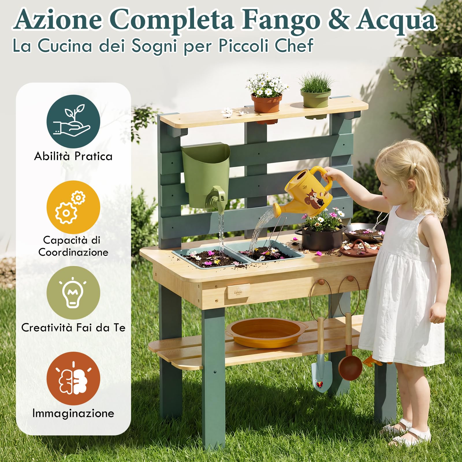 Lehoo Castle Cucina Bambini Legno - Mud Kitchen da Esterno con Lavello a Acqua Corrente, Giochi Sensoriali per Cucinare e Annaffiare, Giocattolo Montessori per Giardino 3+ Anni