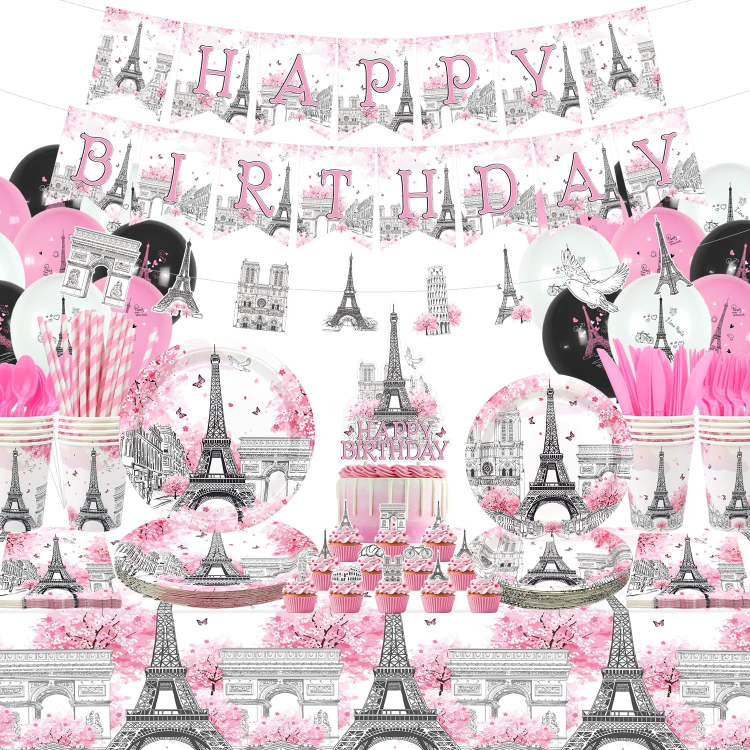 Paris Birthday Party Decorations, Eiffel Tower Party Decoration, Plates Cups Napkins Tablecloth Happy Birthday Banner Balloon Cake Toppers for Paris Themed Party Decorations, Serves 20
