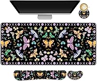 Artso Black Butterfly Desk Mat Set: Extended Gaming Mouse Pad with Wrist Rests & Coaster - Ergonomic Pain Relief Large Cute Mat