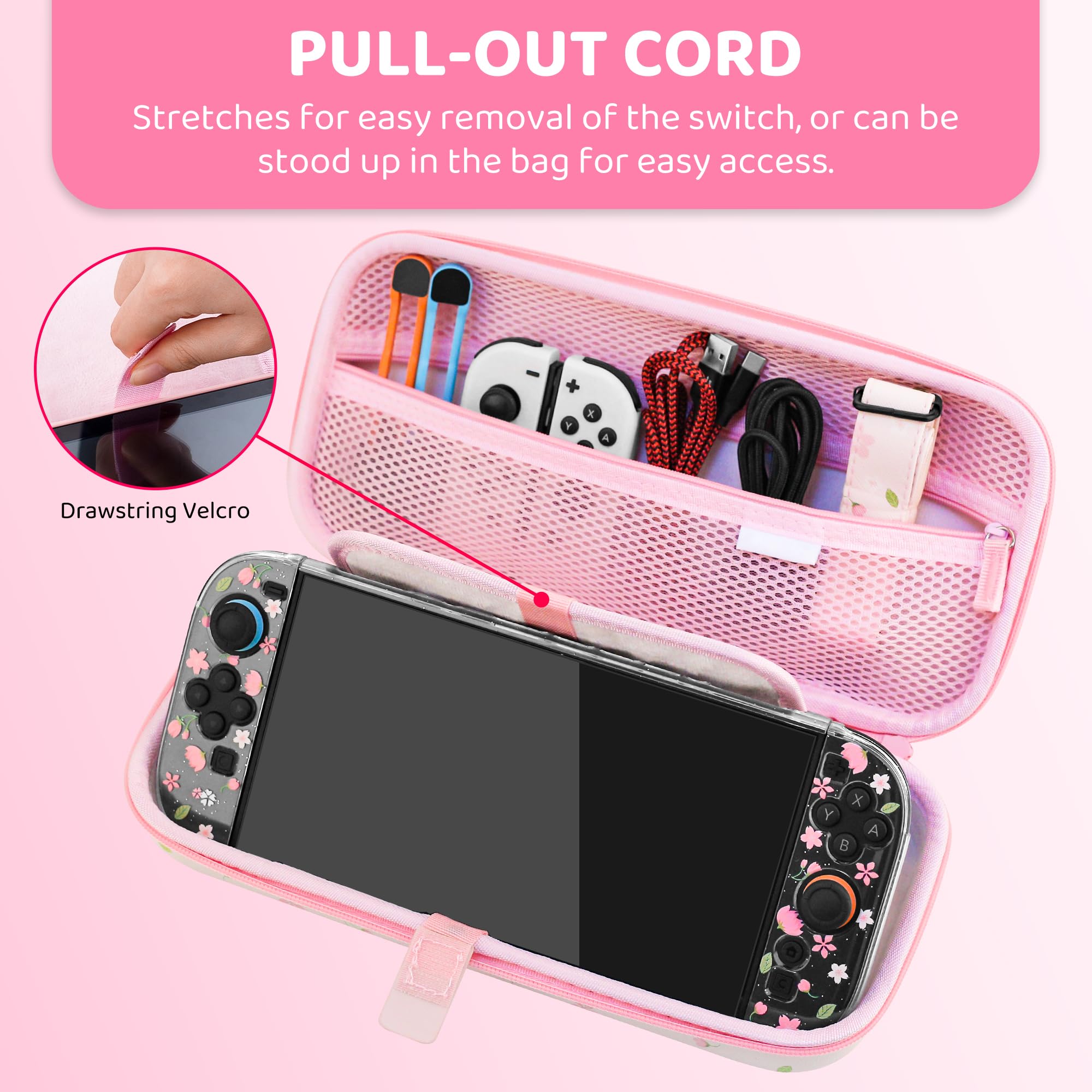 FANPL Custodia da trasporto carina per Nintendo Switch 2, kit di accessori per interruttore rosa con custodia rigida da viaggio con motivo floreale, cover Sakura glitterata, cinturino regolabile