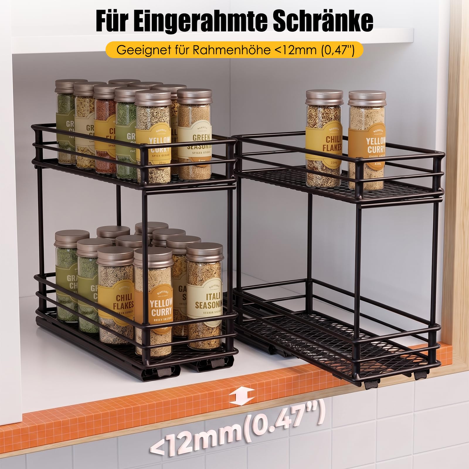 EasyVibe Lot de 2 étagères à épices - Étagère de rangement à 2 étages - Étagère à épices pour cuisine - Étagère à épices - Organiseur avec armoire - Pour bouteilles d'huile - Bocaux de cuisine