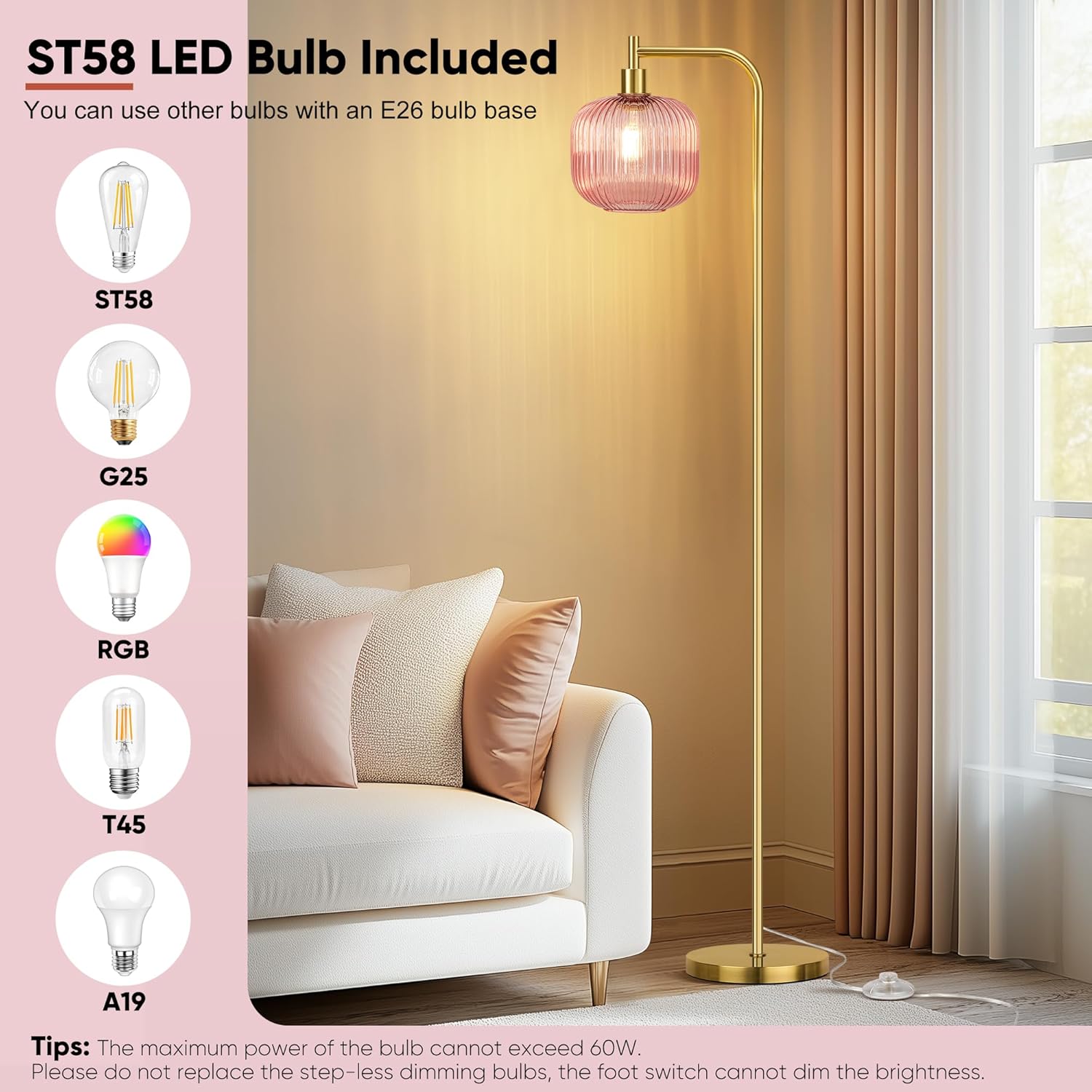 QiMH Glass Floor Lamp for Living Room, 67” Modern Standing Lamp with Pink Ribbed Glass Lampshade Pedal Switch Tall Lamp for Bedroom, Brushed Gold (2700K LED Bulb Included)
