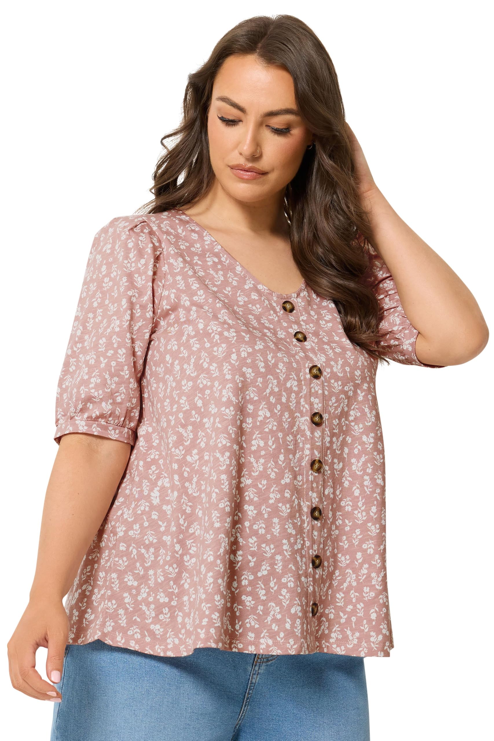 Yours Women's Light Pink Floral Button Front Top In | Size: 30-32