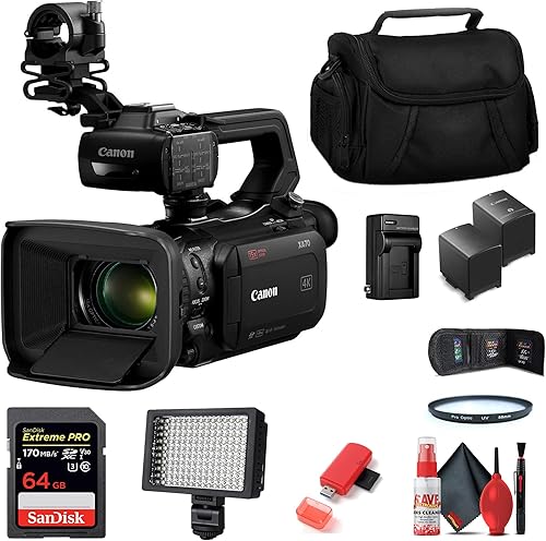 Canon Videocámara XA70 UHD 4K30 con enfoque automático de doble píxel (5736C002) + luz de video, tarjeta de 64 GB, batería extra, cargador
