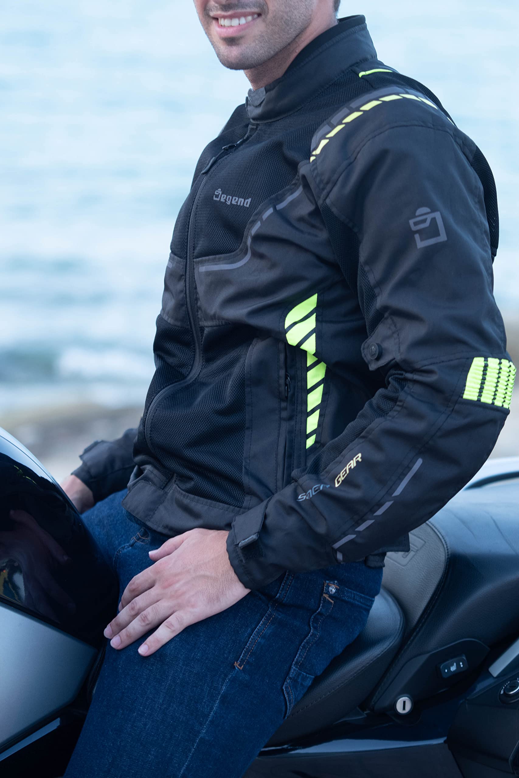BREEZE EVO | Kurtka motocyklowa męska z ochroną - Oddychająca kurtka przeciwdeszczowa z wentylacją - Odzież motocyklowa - Kurtka Motera - Rozmiary (S-6XL), Czarny Fluor, 4XL