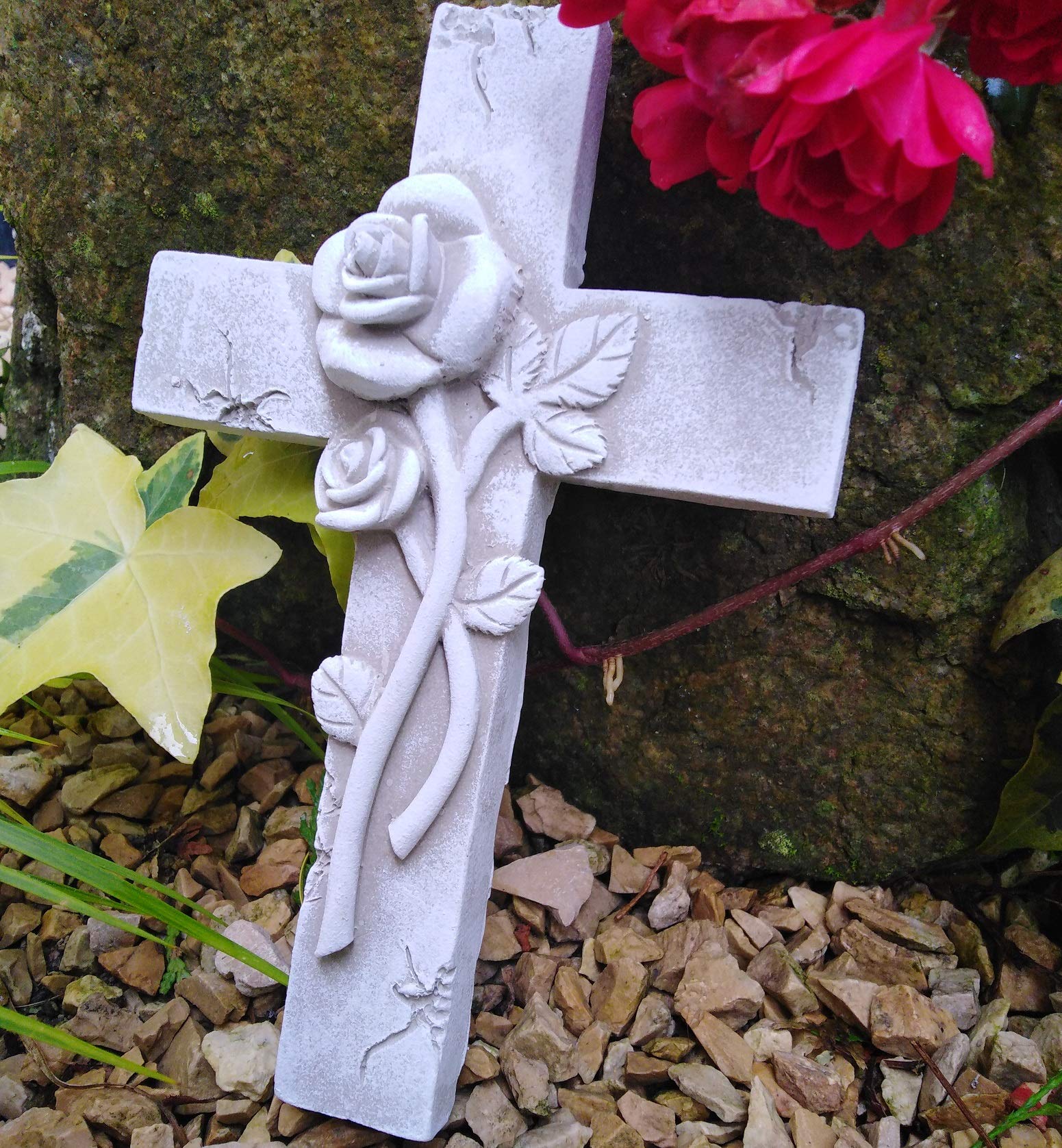 Radami Grabfigur Kreuz 3D Rose Grabengel