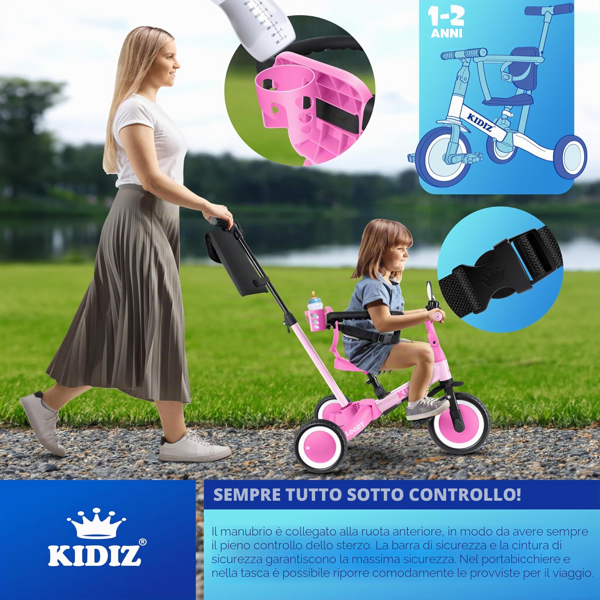KIDIZ® 6in1 Balance Bike - Triciclo, Triciclo per Bambini, da 1 a 5 anni, capacità di carico fino a 25 kg, incl. Manubrio/Barra di sicurezza/Cintura di sicurezza/Campana e Specchio, Rosa