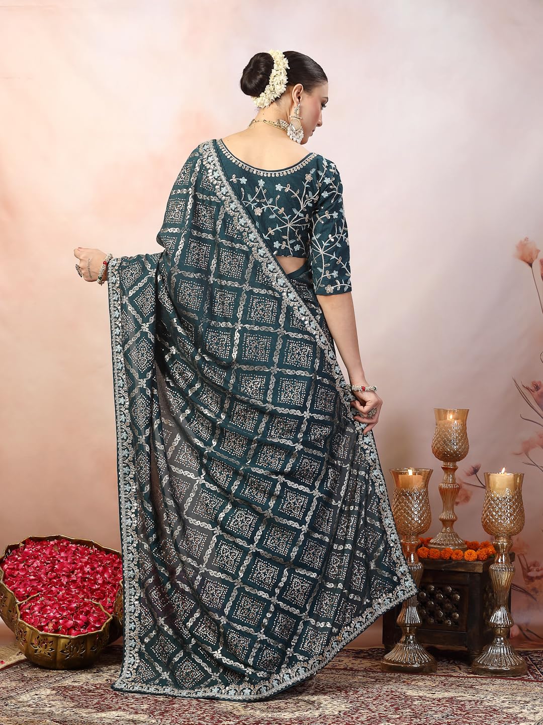 Stylum Women's Ethnic Bhandej Foil Printed Silk Saree (Srtealtripti_Teal)