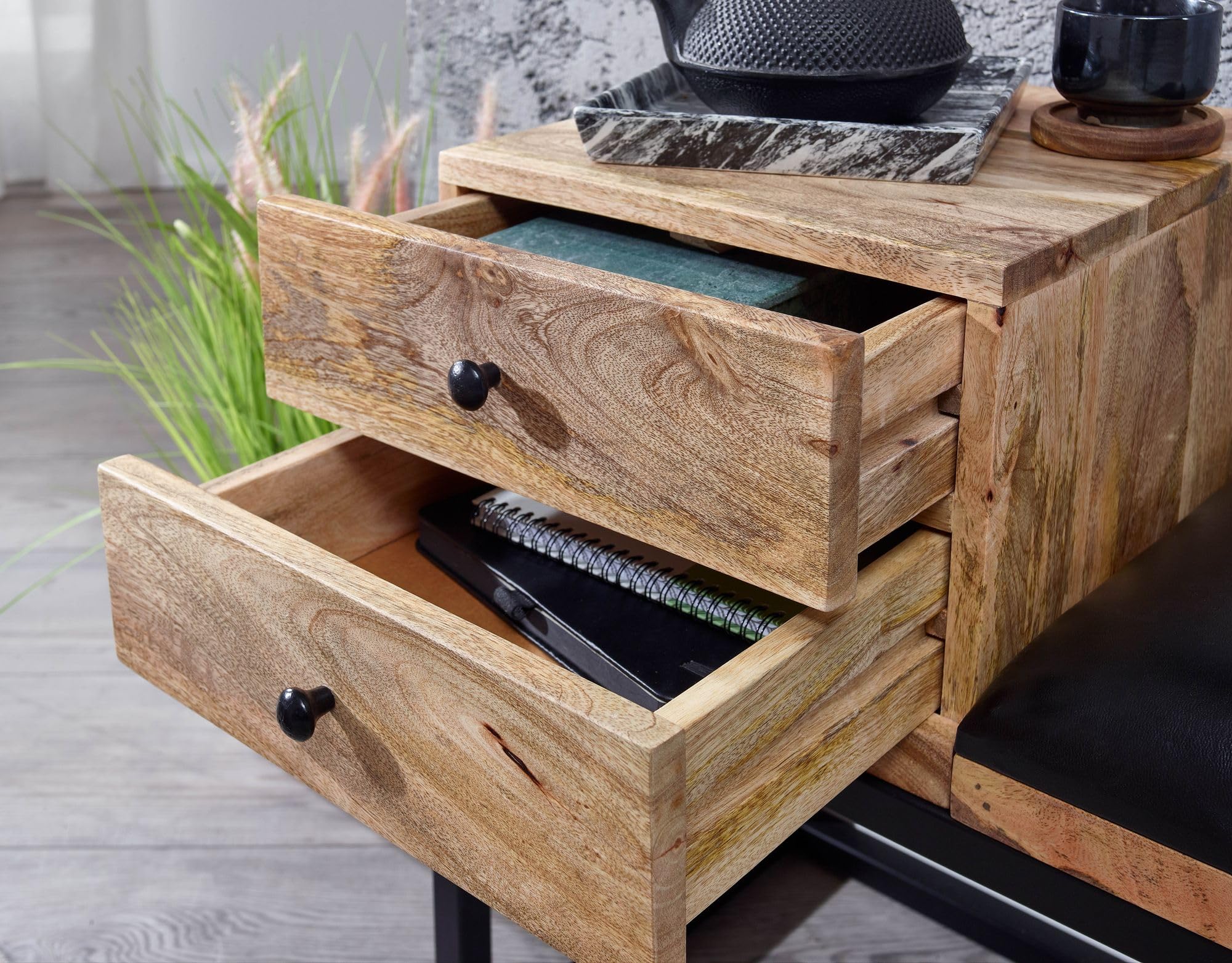 FineBuy Banc 100x35x60 cm Bois Massif Cuir Véritable Noir, Tiroir