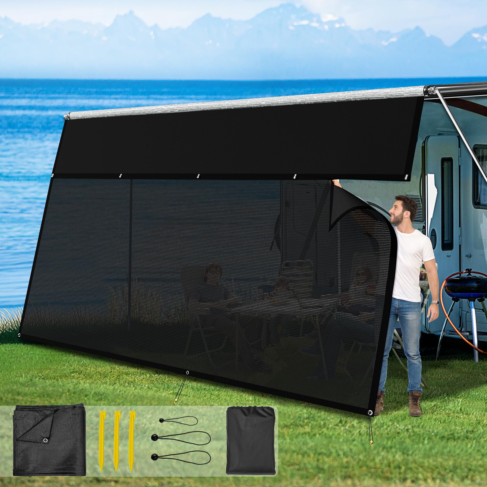 Glamful RV Awning Sun Shade Screen with Zipper 8' X 11'3",600D Oxford Cloth + Vinyl Mesh,Sunscreen Shade Complete Kits for Camper Trailer Awning,Black