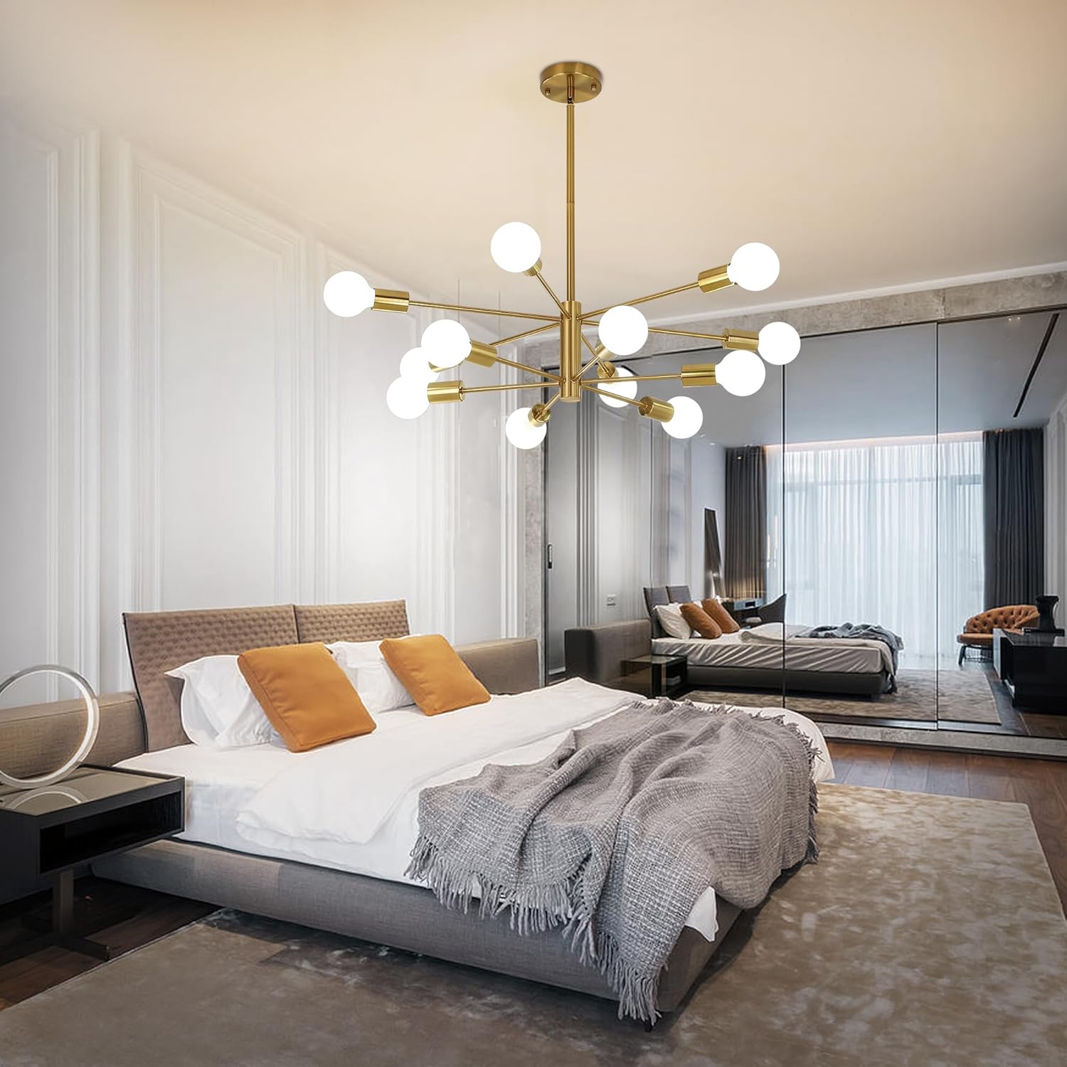 12-Light Modern Sputnik Chandelier, Mid Century Gold Ceiling Chandeliers, E26 Base, Branch Height Adjustable Pendant Lighting Fixture for Kitchen Island Dining Room Living Room Bedroom