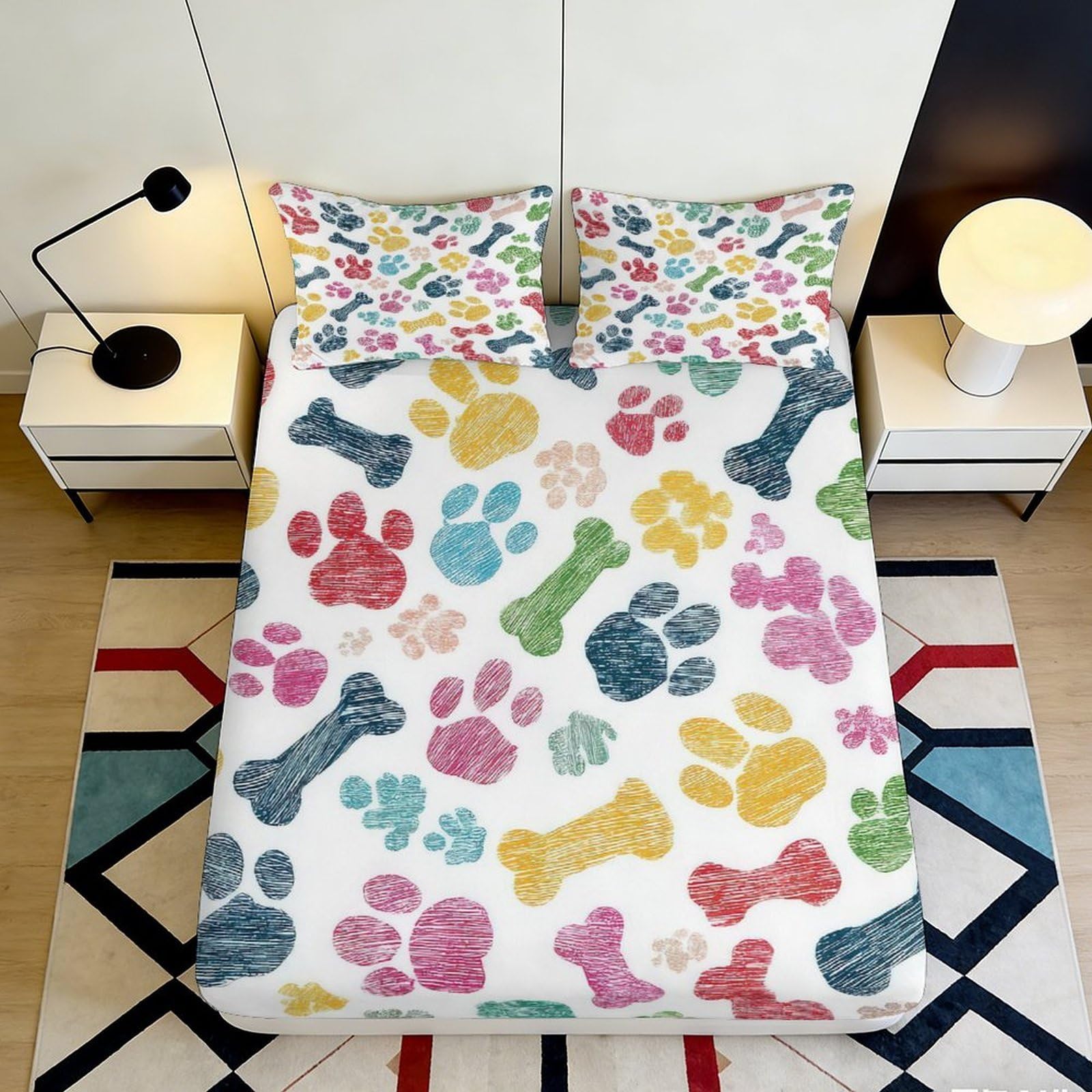 3D Printed Colorful Paw Pattern Fitted Sheet Microfiber Non-slip Bone Design Mattress Cover for Bedroom Guest Room Easy Care 90x200x25cm