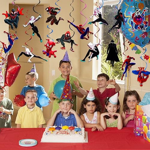Miniatura 4 de 30 decoraciones de cumpleaños de Miles Morales, espirales colgantes de araña para suministros de fiesta de araña negra